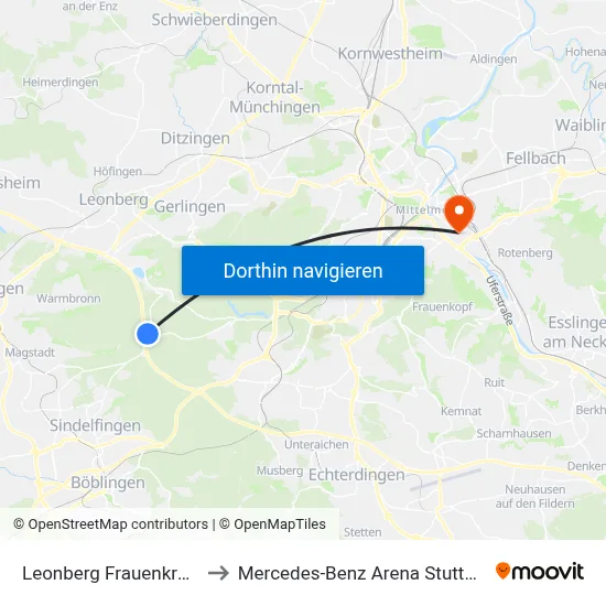 Leonberg Frauenkreuz to Mercedes-Benz Arena Stuttgart map