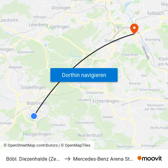Böbl. Diezenhalde (Zentrum) to Mercedes-Benz Arena Stuttgart map