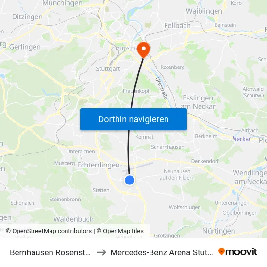 Bernhausen Rosenstraße to Mercedes-Benz Arena Stuttgart map