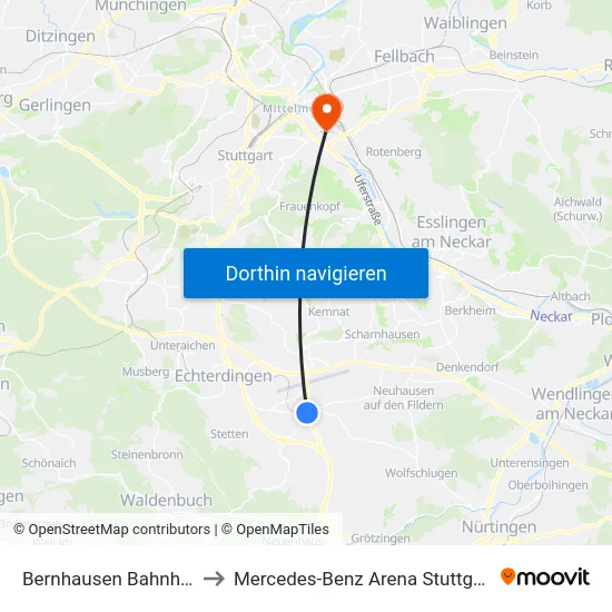 Bernhausen Bahnhof to Mercedes-Benz Arena Stuttgart map