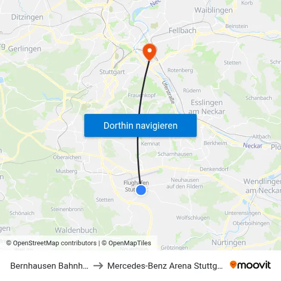 Bernhausen Bahnhof to Mercedes-Benz Arena Stuttgart map
