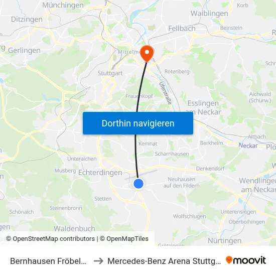 Bernhausen Fröbelstr. to Mercedes-Benz Arena Stuttgart map