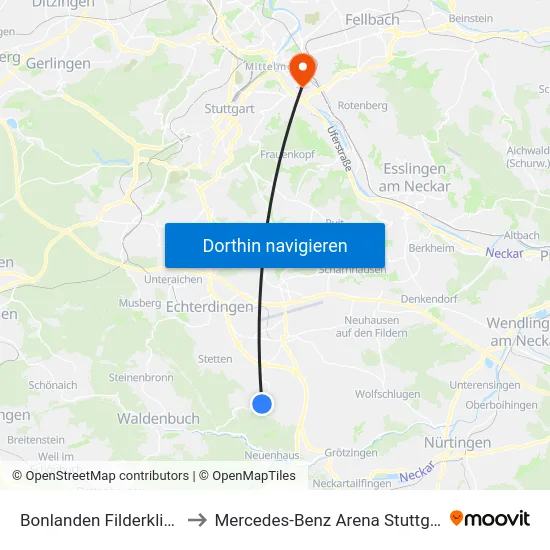 Bonlanden Filderklinik to Mercedes-Benz Arena Stuttgart map