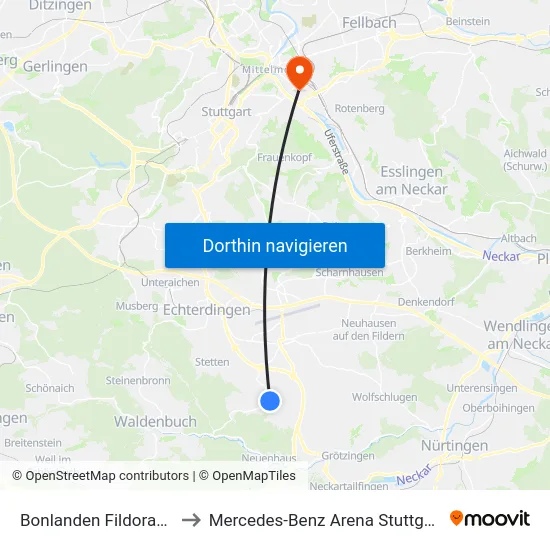 Bonlanden Fildorado to Mercedes-Benz Arena Stuttgart map