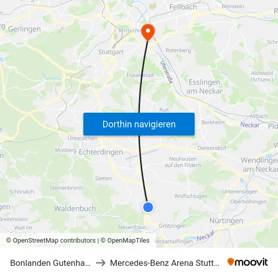 Bonlanden Gutenhalde to Mercedes-Benz Arena Stuttgart map