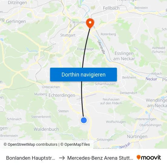 Bonlanden Hauptstraße to Mercedes-Benz Arena Stuttgart map
