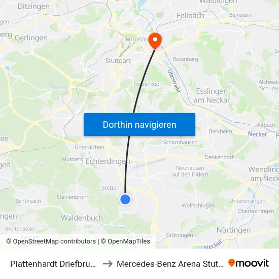 Plattenhardt Driefbrunnen to Mercedes-Benz Arena Stuttgart map