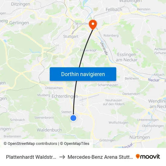 Plattenhardt Waldstraße to Mercedes-Benz Arena Stuttgart map