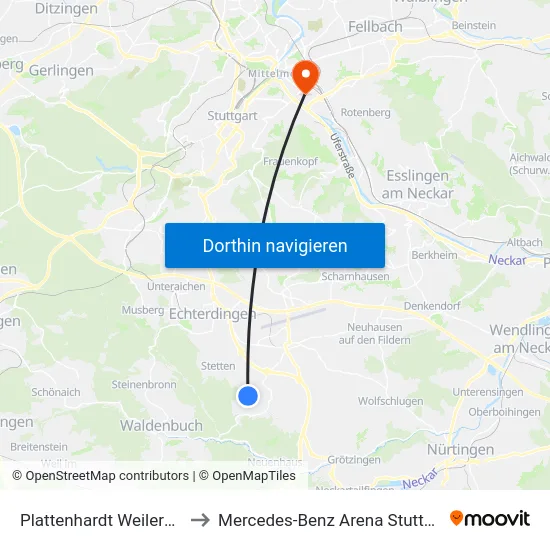 Plattenhardt Weilerhau to Mercedes-Benz Arena Stuttgart map