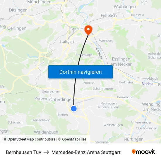 Bernhausen Tüv to Mercedes-Benz Arena Stuttgart map