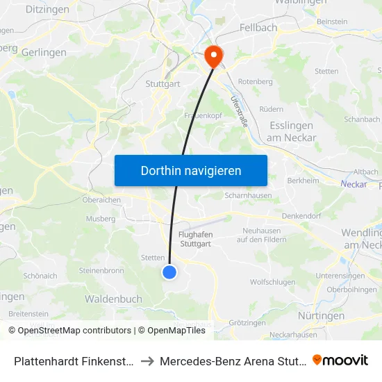 Plattenhardt Finkenstraße to Mercedes-Benz Arena Stuttgart map