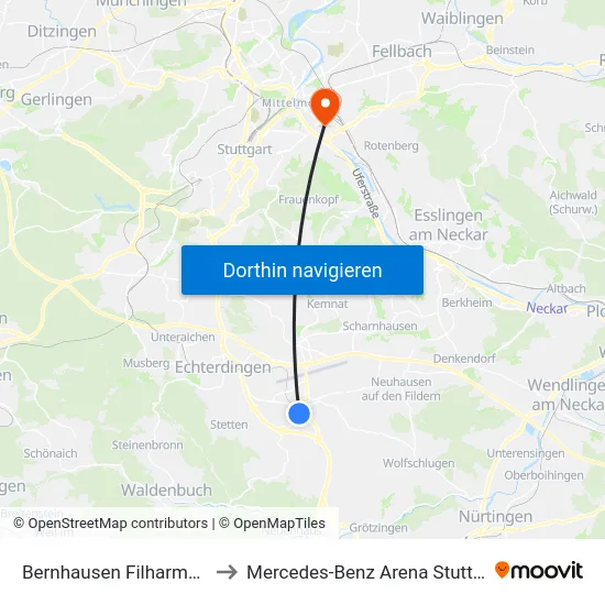 Bernhausen Filharmonie to Mercedes-Benz Arena Stuttgart map