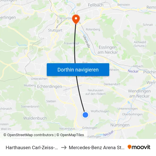 Harthausen Carl-Zeiss-Straße to Mercedes-Benz Arena Stuttgart map