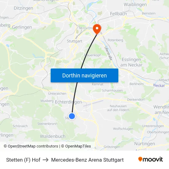 Stetten (F) Hof to Mercedes-Benz Arena Stuttgart map