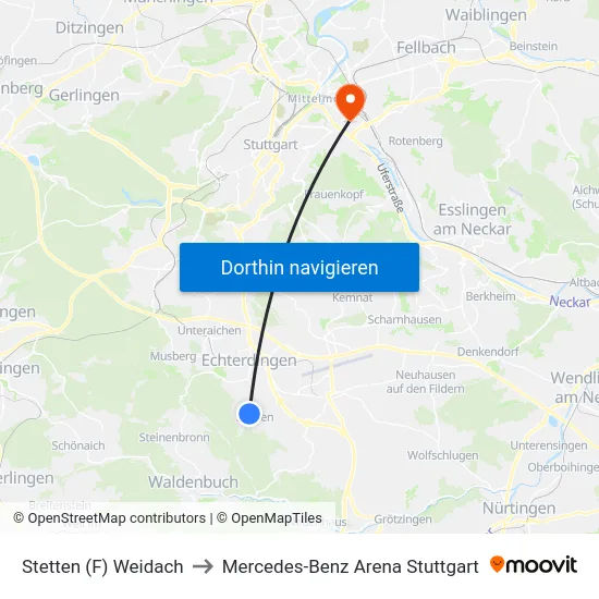 Stetten (F) Weidach to Mercedes-Benz Arena Stuttgart map