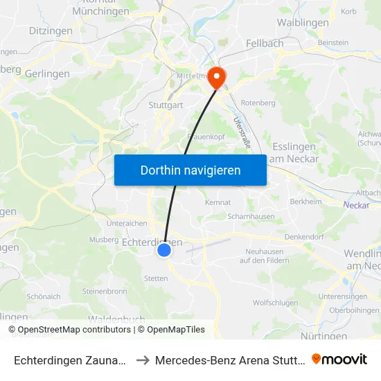 Echterdingen Zaunacker to Mercedes-Benz Arena Stuttgart map
