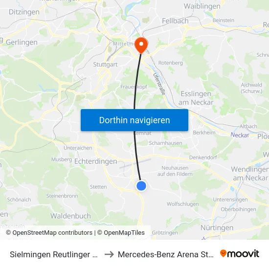 Sielmingen Reutlinger Straße to Mercedes-Benz Arena Stuttgart map