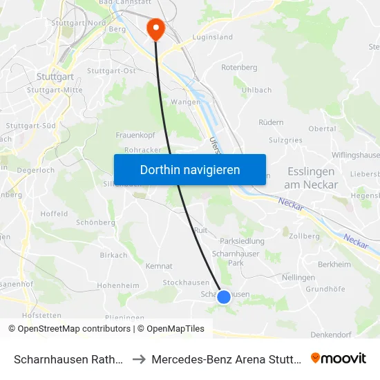 Scharnhausen Rathaus to Mercedes-Benz Arena Stuttgart map