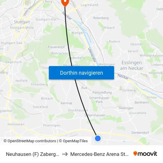 Neuhausen (F) Zabergäustr. to Mercedes-Benz Arena Stuttgart map