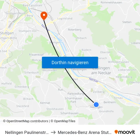 Nellingen Paulinenstraße to Mercedes-Benz Arena Stuttgart map