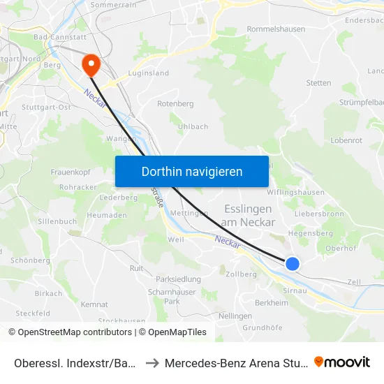 Oberessl. Indexstr/Bahnhof to Mercedes-Benz Arena Stuttgart map