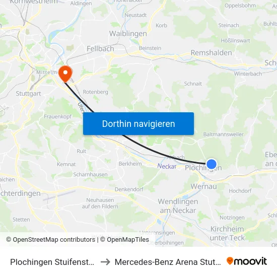 Plochingen Stuifenstraße to Mercedes-Benz Arena Stuttgart map