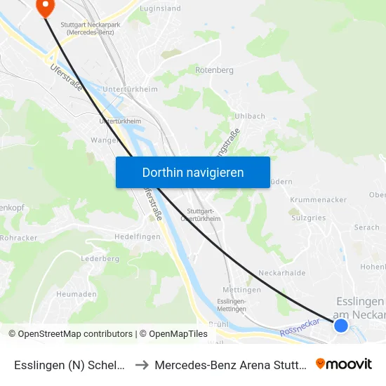 Esslingen (N) Schelztor to Mercedes-Benz Arena Stuttgart map