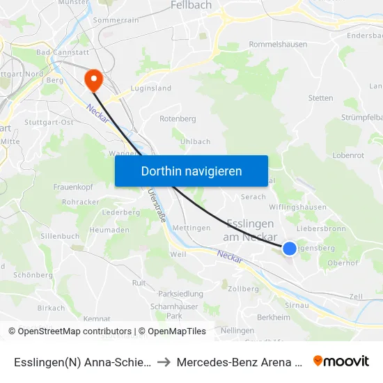Esslingen(N) Anna-Schieber-Weg to Mercedes-Benz Arena Stuttgart map