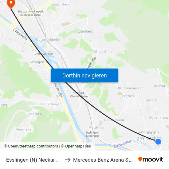 Esslingen (N) Neckar Forum to Mercedes-Benz Arena Stuttgart map