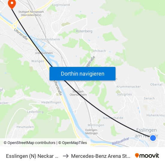 Esslingen (N) Neckar Forum to Mercedes-Benz Arena Stuttgart map