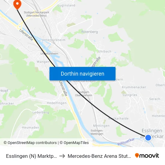 Esslingen (N) Marktplatz to Mercedes-Benz Arena Stuttgart map