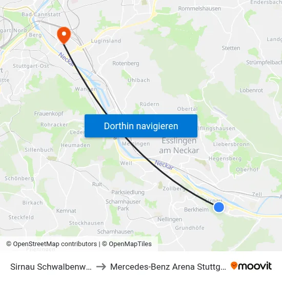 Sirnau Schwalbenweg to Mercedes-Benz Arena Stuttgart map
