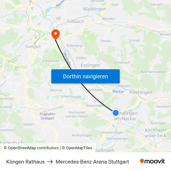 Köngen Rathaus to Mercedes-Benz Arena Stuttgart map