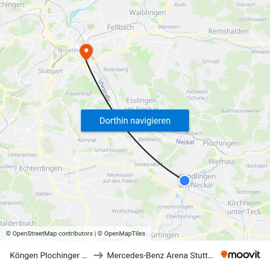 Köngen Plochinger Str. to Mercedes-Benz Arena Stuttgart map