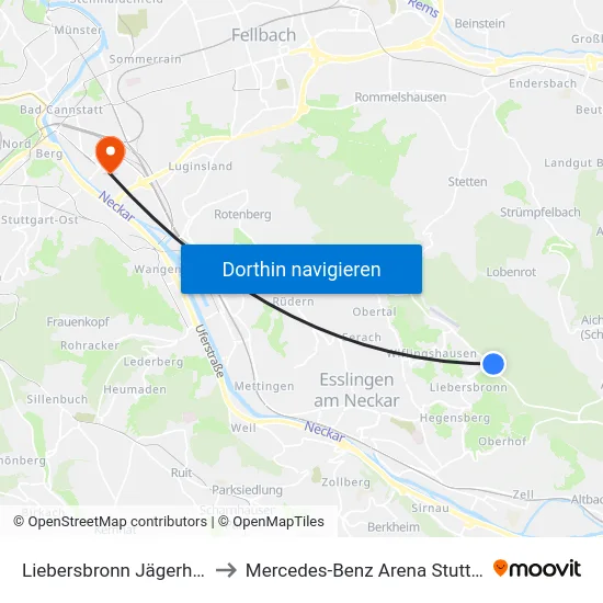 Liebersbronn Jägerhaus to Mercedes-Benz Arena Stuttgart map