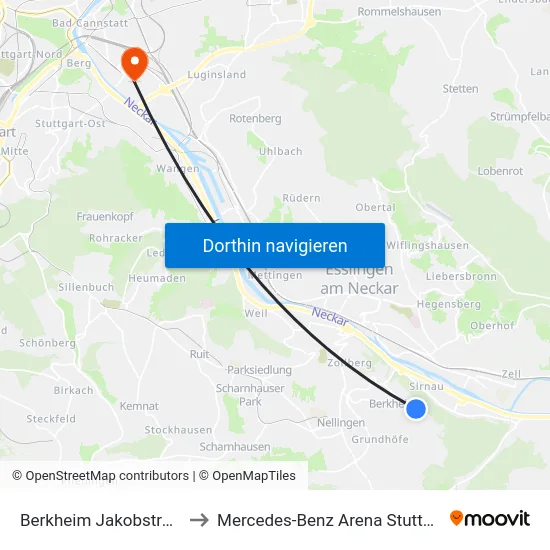 Berkheim Jakobstraße to Mercedes-Benz Arena Stuttgart map