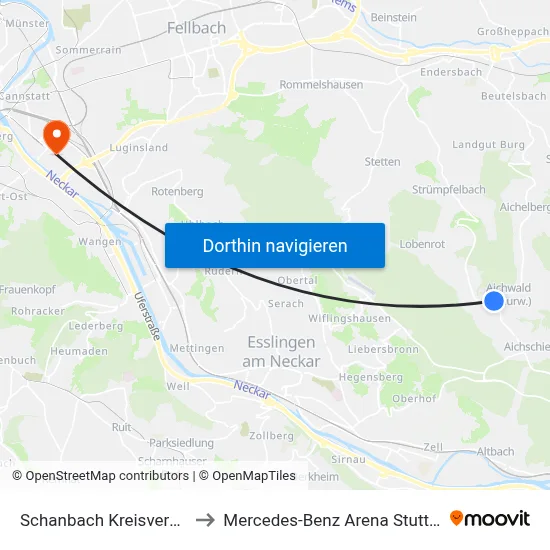 Schanbach Kreisverkehr to Mercedes-Benz Arena Stuttgart map