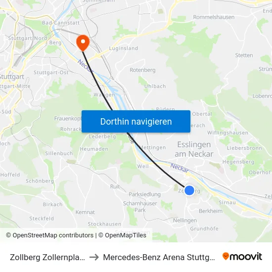 Zollberg Zollernplatz to Mercedes-Benz Arena Stuttgart map