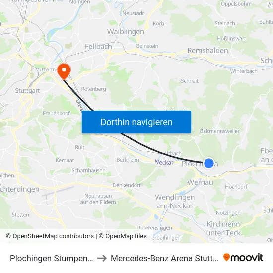 Plochingen Stumpenhof to Mercedes-Benz Arena Stuttgart map