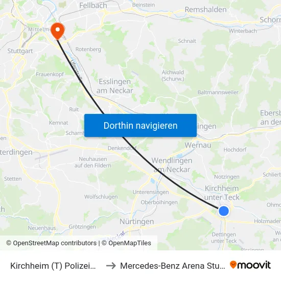Kirchheim (T) Polizeiwache to Mercedes-Benz Arena Stuttgart map