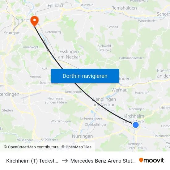 Kirchheim (T) Teckstraße to Mercedes-Benz Arena Stuttgart map