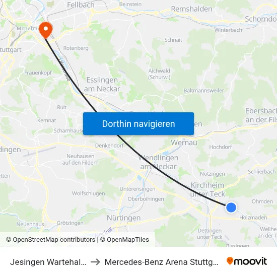 Jesingen Wartehalle to Mercedes-Benz Arena Stuttgart map