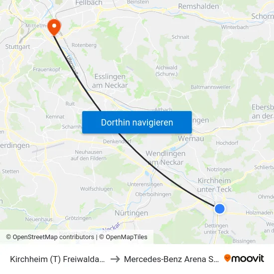 Kirchheim (T) Freiwaldaustraße to Mercedes-Benz Arena Stuttgart map