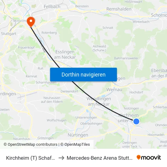 Kirchheim (T) Schafhof to Mercedes-Benz Arena Stuttgart map