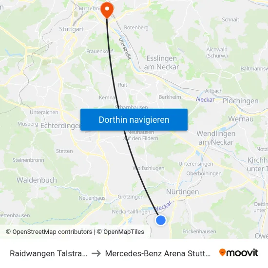 Raidwangen Talstraße to Mercedes-Benz Arena Stuttgart map