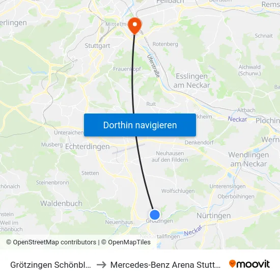 Grötzingen Schönblick to Mercedes-Benz Arena Stuttgart map