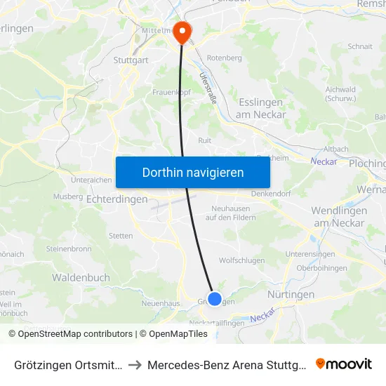 Grötzingen Ortsmitte to Mercedes-Benz Arena Stuttgart map