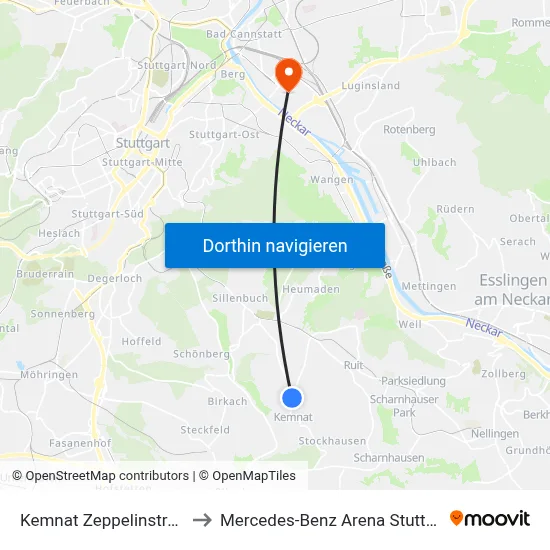 Kemnat Zeppelinstraße to Mercedes-Benz Arena Stuttgart map