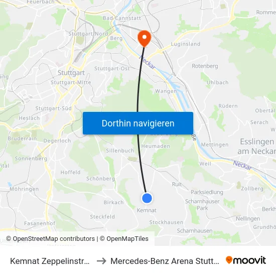 Kemnat Zeppelinstraße to Mercedes-Benz Arena Stuttgart map