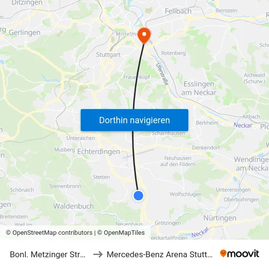 Bonl. Metzinger Straße to Mercedes-Benz Arena Stuttgart map